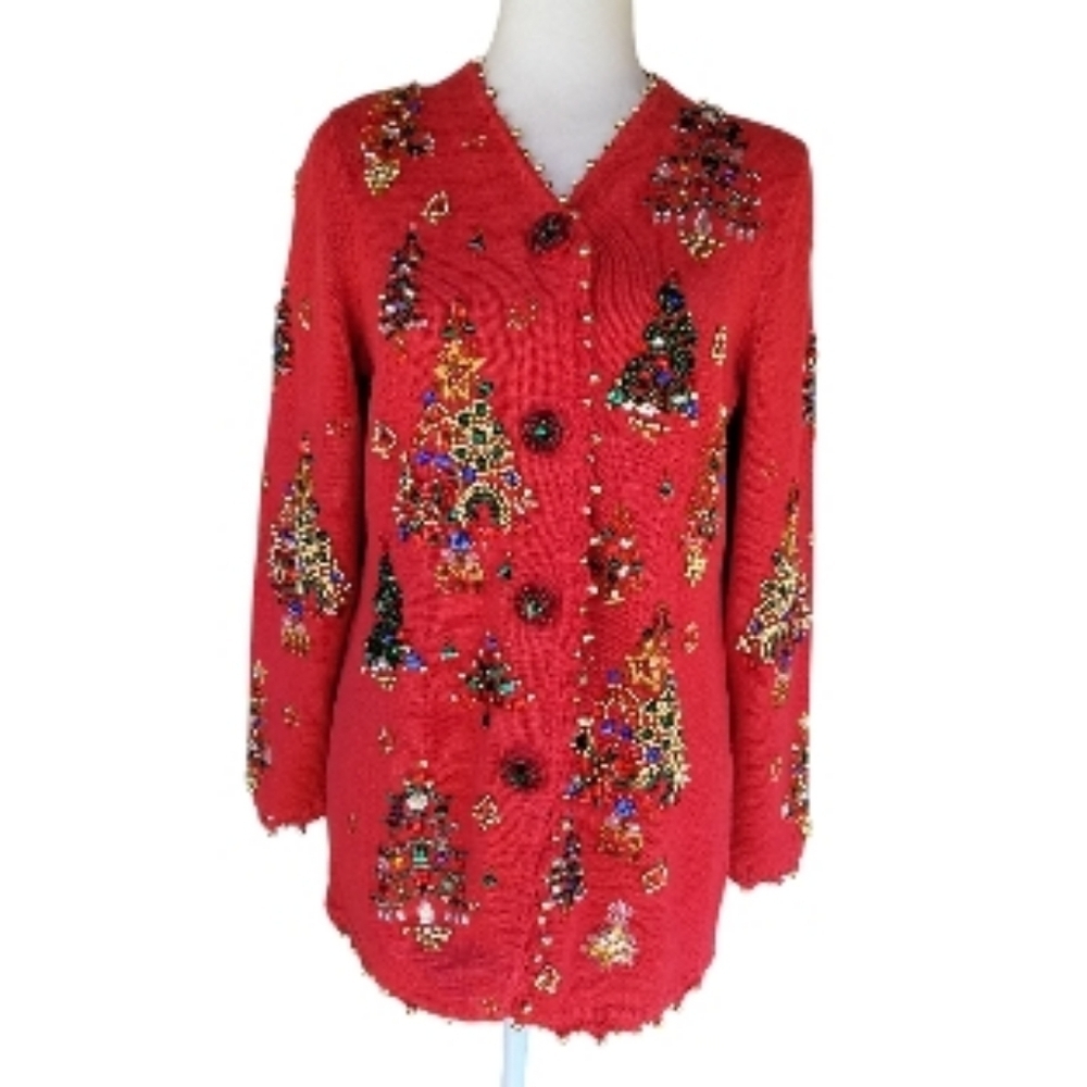Vintage Michael Simon Red Beaded Christmas Tree Cardigan Sweater Women's Small
